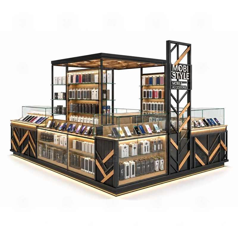 Custom Phone Case Kiosk with Repair Counter with a made-to-measure phone kiosk with custom counters, display zones, and brand-ready finishing shown in the custom phone case kiosk with repair counter product photos for repair service and phone accessory sales