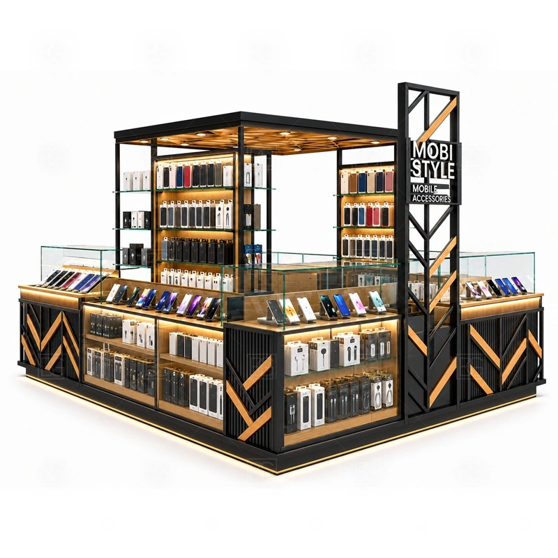 Custom Phone Case Kiosk with Repair Counter showing a flexible footprint that can be resized around the lease drawing, staff workflow, and product mix shown in the custom phone case kiosk with repair counter product photos, with separate zones for browsing, payment, stock refill, and product consultation