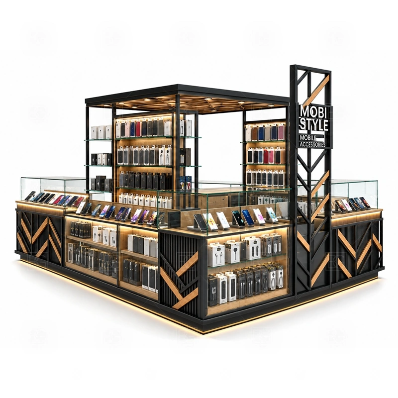 Custom Phone Case Kiosk with Repair Counter display detail for custom glass showcases, wall panels, open shelving, and counter displays arranged by sales priority shown in the custom phone case kiosk with repair counter product photos; the product photos also emphasize phone accessory displays, glass counters, and small product shelving