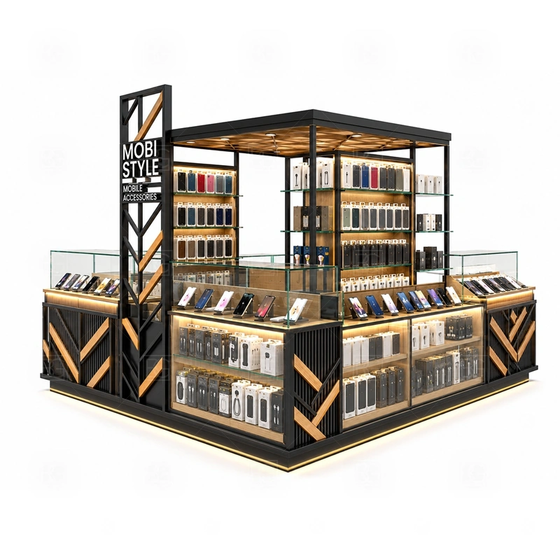 Custom Phone Case Kiosk with Repair Counter service area for repair intake, device handoff, testing, POS, and accessory recommendation at a dedicated counter shown in the custom phone case kiosk with repair counter product photos; the kiosk can follow repair service counter, device handoff area, and lockable tool storage
