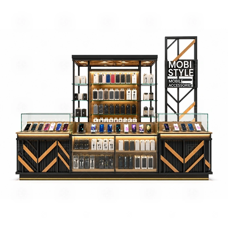 Custom Phone Case Kiosk with Repair Counter signage detail with custom logo placement, front graphics, color matching, and lighting choices for a specific brand look shown in the custom phone case kiosk with repair counter product photos; this page also uses tall logo tower and LED brand lighting