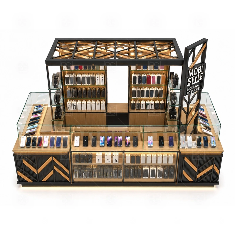 Custom Phone Case Kiosk with Repair Counter storage detail for drawers, lockable cabinets, cable routes, and stock sections planned from the operator checklist shown in the custom phone case kiosk with repair counter product photos, with front-facing customer movement with staff work kept behind the display line
