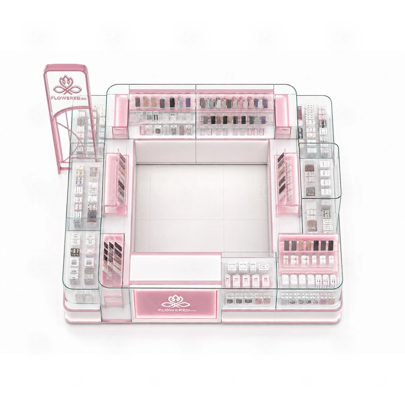 Glass Showcase Cell Phone Display Counter with LED Signage storage detail for lockable showcase bases and back cabinets for stock, tools, and high-value accessories shown in the glass showcase cell phone display counter with led signage product photos, with separate zones for browsing, payment, stock refill, and product consultation