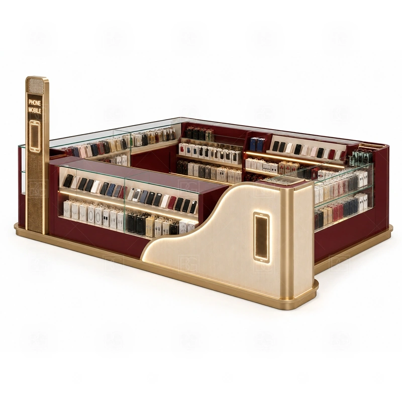 Glass Showcase Cell Phone Kiosk for Sale display detail for tempered glass areas for phones, accessories, boxed electronics, demo items, and featured product sets shown in the glass showcase cell phone kiosk for sale product photos; the product photos also emphasize tempered glass showcases and visible accessory display zones