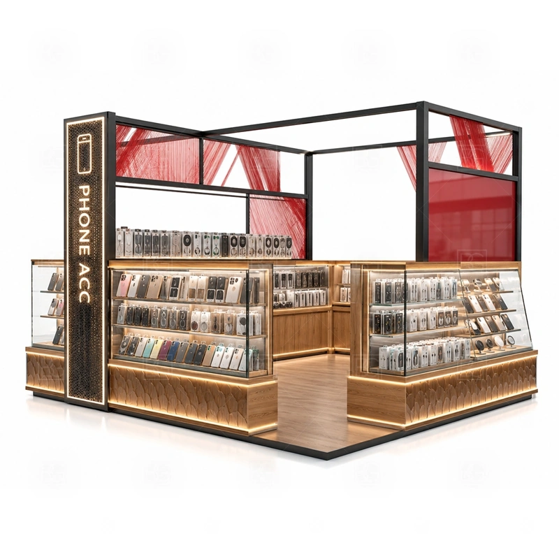 Glass Showcase Mobile Accessories Kiosk with Glass Showcase with a glass-showcase phone kiosk with transparent product protection, counter lighting, and a cleaner premium display line shown in the glass showcase mobile accessories kiosk with glass showcase product photos for mobile accessory retail and small electronics display