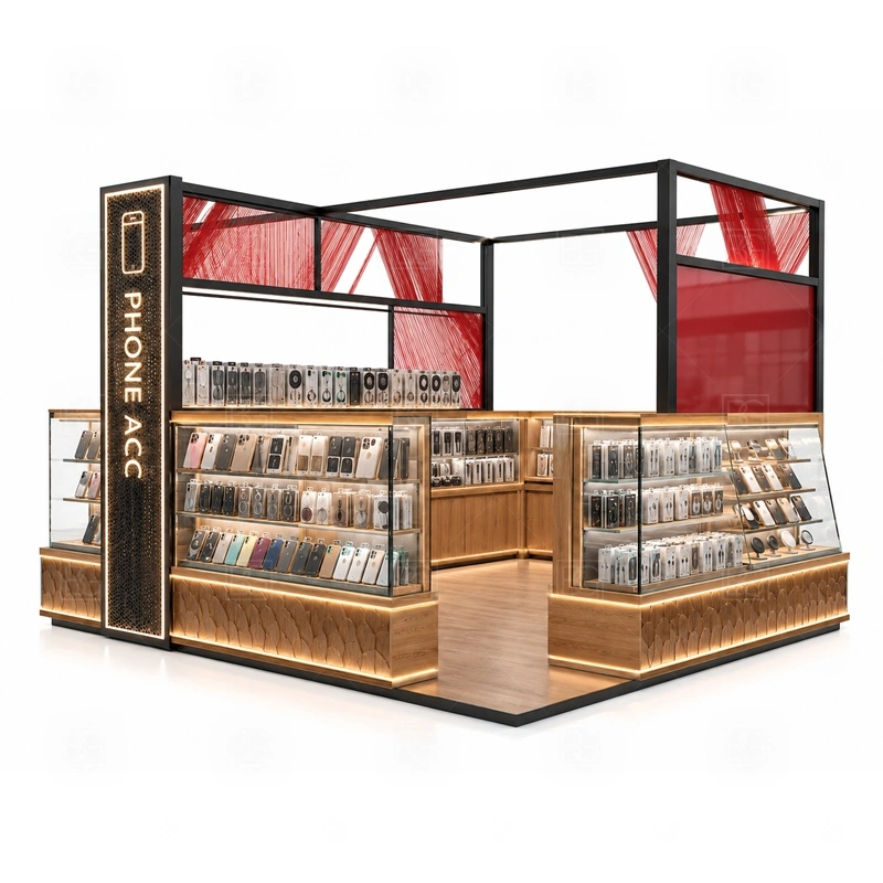 Glass Showcase Mobile Accessories Kiosk with Glass Showcase showing front and side showcase counters arranged so customers can inspect products without entering the staff zone shown in the glass showcase mobile accessories kiosk with glass showcase product photos, with a layout that can be checked against lease drawings before production begins