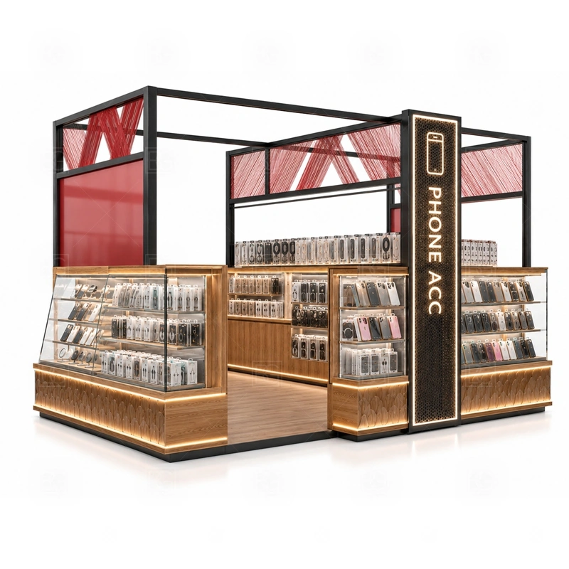 Glass Showcase Mobile Accessories Kiosk with Glass Showcase display detail for lockable tempered glass showcases for phones, boxed accessories, and featured products shown in the glass showcase mobile accessories kiosk with glass showcase product photos; the product photos also emphasize tempered glass showcases and visible accessory display zones