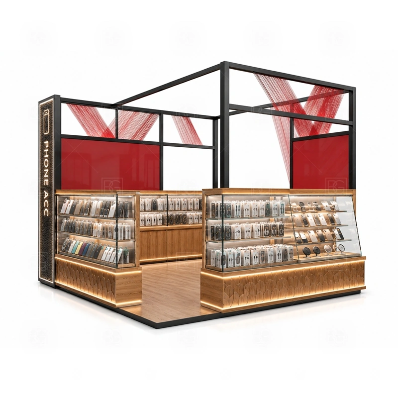 Glass Showcase Mobile Accessories Kiosk with Glass Showcase service area for assisted selling, product demonstration, checkout, and secure handoff from the staff side shown in the glass showcase mobile accessories kiosk with glass showcase product photos; the kiosk can follow cashier counter, POS area, customer service opening, and storage planning