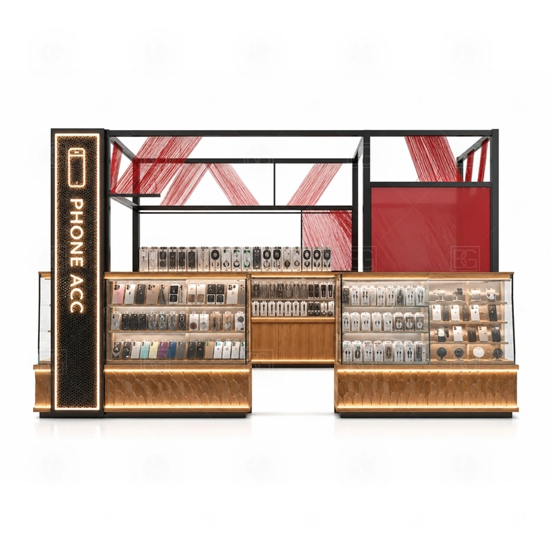 Glass Showcase Mobile Accessories Kiosk with Glass Showcase signage detail with logo panels and light strips that support the glass display instead of overpowering the products shown in the glass showcase mobile accessories kiosk with glass showcase product photos; this page also uses custom logo signage and brand color presentation