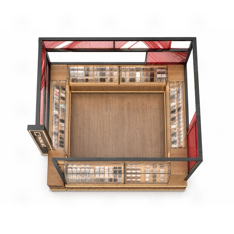 Glass Showcase Mobile Accessories Kiosk with Glass Showcase storage detail for lockable showcase bases and back cabinets for stock, tools, and high-value accessories shown in the glass showcase mobile accessories kiosk with glass showcase product photos, with clear customer approach from the main mall walkway and quick staff access from the rear