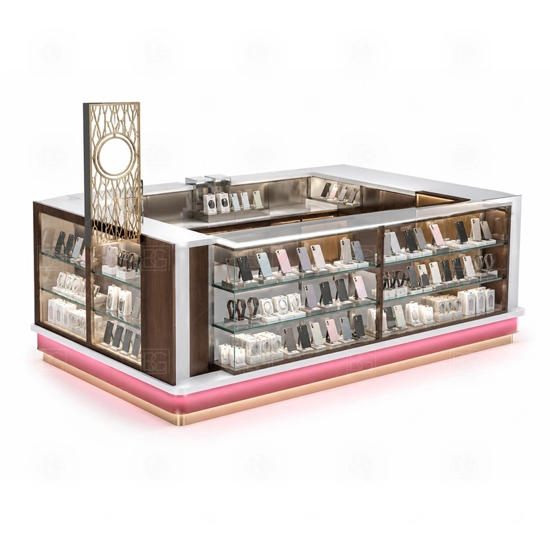 Glass Showcase Phone Repair Kiosk Display Counter with a glass-showcase phone kiosk with transparent product protection, counter lighting, and a cleaner premium display line shown in the glass showcase phone repair kiosk display counter product photos for repair service and phone accessory sales