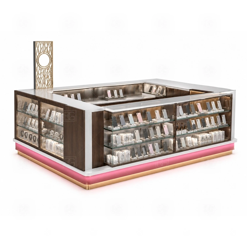 Glass Showcase Phone Repair Kiosk Display Counter display detail for tempered glass areas for phones, accessories, boxed electronics, demo items, and featured product sets shown in the glass showcase phone repair kiosk display counter product photos; the product photos also emphasize tempered glass showcases and visible accessory display zones