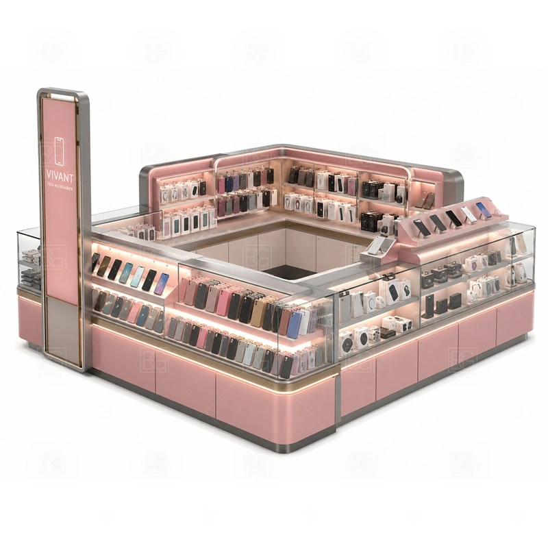 Glass Showcase Retail Phone Kiosk Manufacturer with a glass-showcase phone kiosk with transparent product protection, counter lighting, and a cleaner premium display line shown in the glass showcase retail phone kiosk manufacturer product photos for phone retail and mall accessory sales