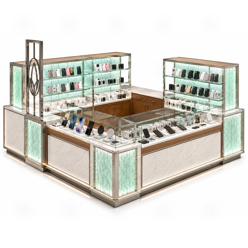 Glass Showcase Shopping Mall Phone Kiosk Design service area for assisted selling, product demonstration, checkout, and secure handoff from the staff side shown in the glass showcase shopping mall phone kiosk design product photos; the kiosk can follow repair service counter, device handoff area, and lockable tool storage