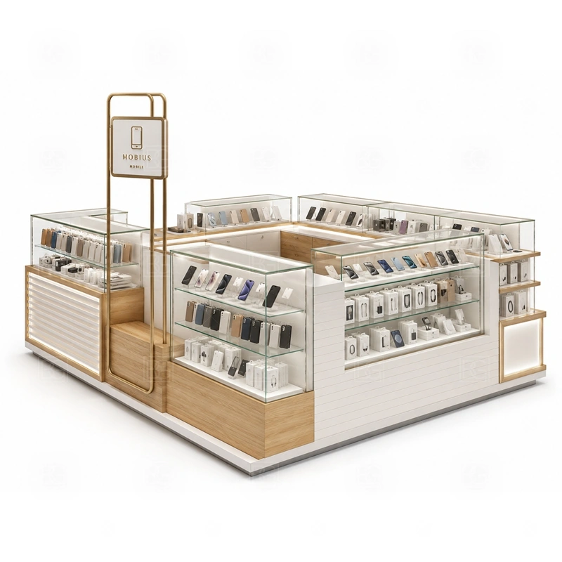 Island Cell Phone Kiosk with Glass Showcase with a glass-showcase phone kiosk with transparent product protection, counter lighting, and a cleaner premium display line shown in the island cell phone kiosk with glass showcase product photos for cell phone accessory and device display
