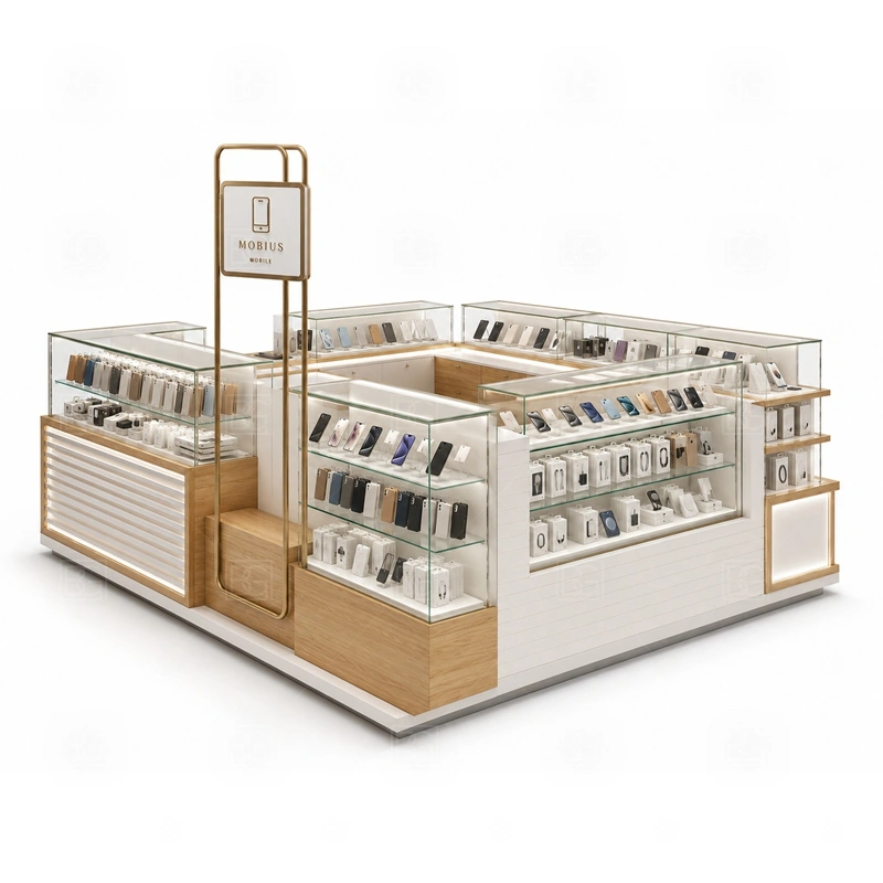 Island Cell Phone Kiosk with Glass Showcase display detail for lockable tempered glass showcases for phones, boxed accessories, and featured products shown in the island cell phone kiosk with glass showcase product photos; the product photos also emphasize tempered glass showcases and visible accessory display zones