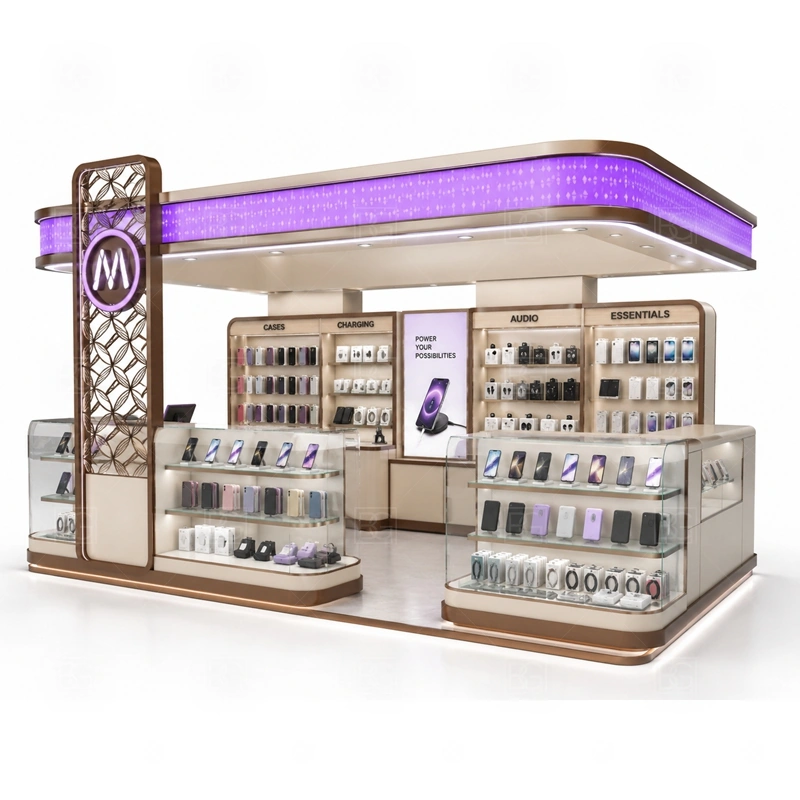 Island Mobile Phone Kiosk Manufacturer with an island phone kiosk with multi-side customer access, central staff operation, and display counters on several faces shown in the island mobile phone kiosk manufacturer product photos for mobile phone and accessory retail
