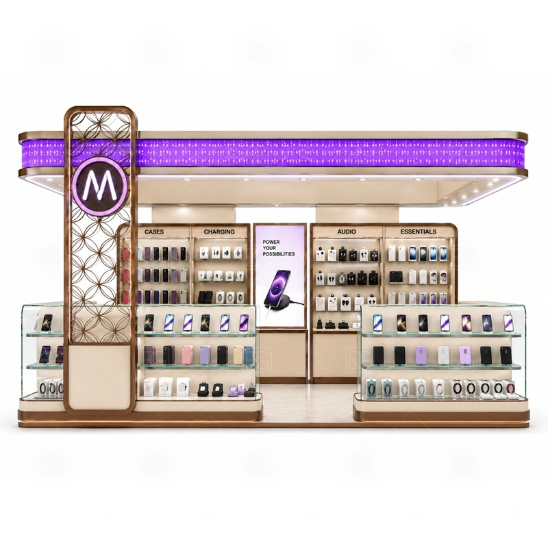 Island Mobile Phone Kiosk Manufacturer showing a center-court style footprint with customer browsing on multiple sides and a controlled staff work zone shown in the island mobile phone kiosk manufacturer product photos, with clear customer approach from the main mall walkway and quick staff access from the rear