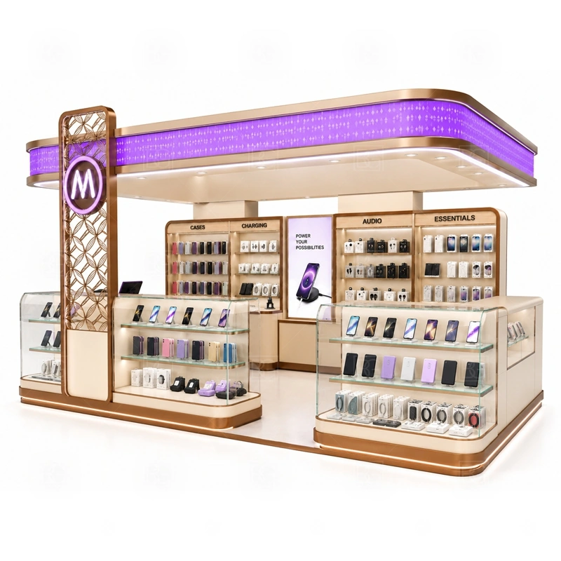 Island Mobile Phone Kiosk Manufacturer display detail for glass counters, wall-style display panels, and corner product zones distributed across the island faces shown in the island mobile phone kiosk manufacturer product photos; the product photos also emphasize phone accessory displays, glass counters, and small product shelving
