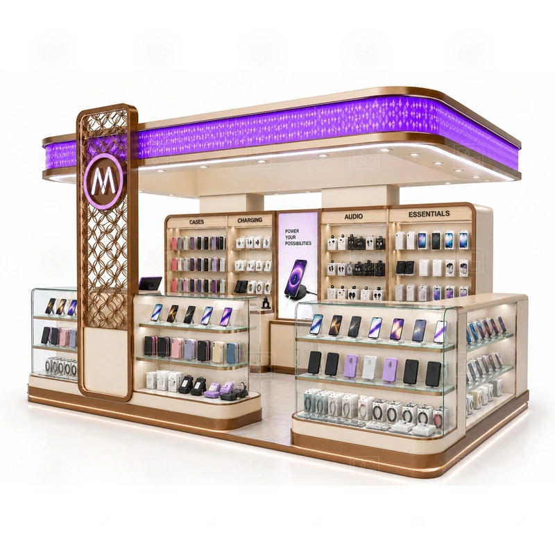 Island Mobile Phone Kiosk Manufacturer service area for multiple shopper conversations, checkout, pickup, and restocking without closing one side of the kiosk shown in the island mobile phone kiosk manufacturer product photos; the kiosk can follow sales counter, POS area, packing surface, and staff-side storage