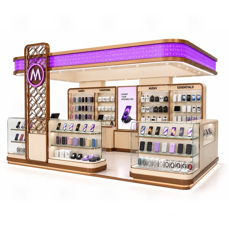 Island Mobile Phone Kiosk Manufacturer signage detail with logo tower, fascia signs, or overhead-facing panels readable from several mall approaches shown in the island mobile phone kiosk manufacturer product photos; this page also uses tall logo tower and LED brand lighting