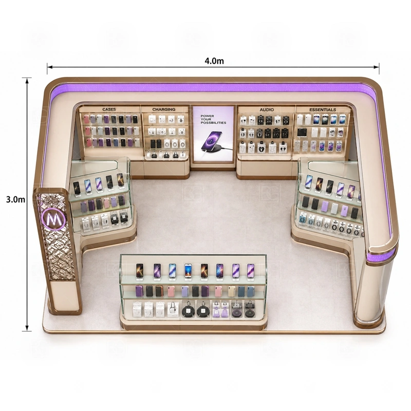 Island Mobile Phone Kiosk Manufacturer storage detail for central and lower-cabinet storage planned to support multi-side selling without clutter shown in the island mobile phone kiosk manufacturer product photos, with a layout that can be checked against lease drawings before production begins