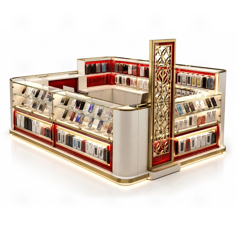 Island Phone Accessories Kiosk Display Counter with an island phone kiosk with multi-side customer access, central staff operation, and display counters on several faces shown in the island phone accessories kiosk display counter product photos for mobile accessory retail and small electronics display