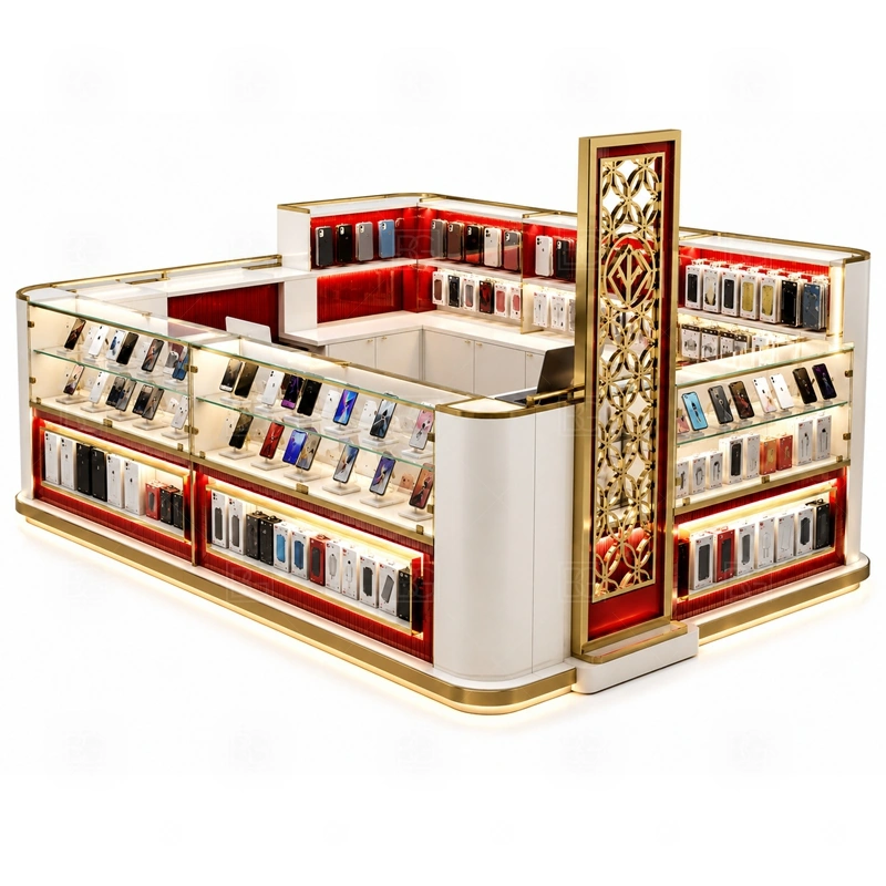 Island Phone Accessories Kiosk Display Counter service area for multiple shopper conversations, checkout, pickup, and restocking without closing one side of the kiosk shown in the island phone accessories kiosk display counter product photos; the kiosk can follow sales counter, POS area, packing surface, and staff-side storage