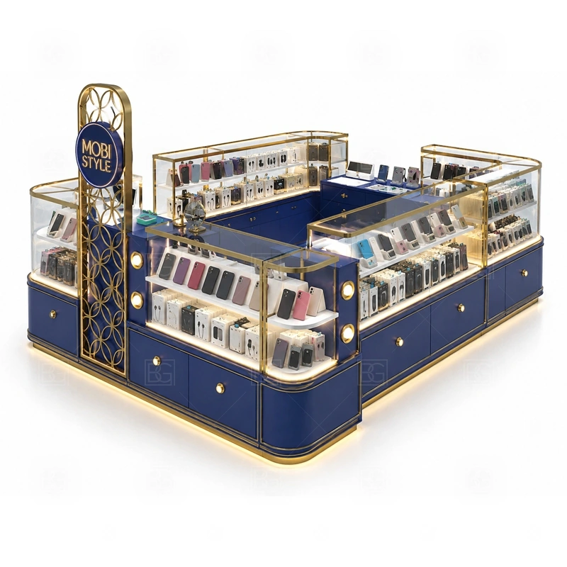 Island Phone Repair Kiosk for Retail Business with an island phone kiosk with multi-side customer access, central staff operation, and display counters on several faces shown in the island phone repair kiosk for retail business product photos for repair service and phone accessory sales
