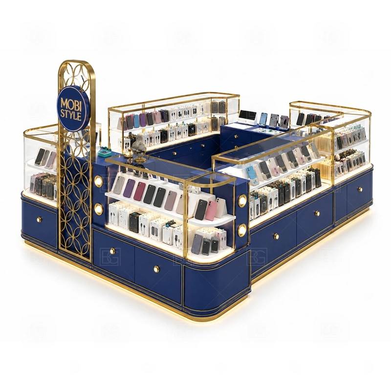 Island Phone Repair Kiosk for Retail Business showing a center-court style footprint with customer browsing on multiple sides and a controlled staff work zone shown in the island phone repair kiosk for retail business product photos, with separate zones for browsing, payment, stock refill, and product consultation