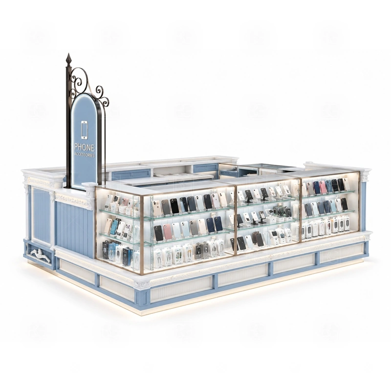 Island Retail Phone Kiosk for Shopping Mall with an island phone kiosk with multi-side customer access, central staff operation, and display counters on several faces shown in the island retail phone kiosk for shopping mall product photos for phone retail and mall accessory sales