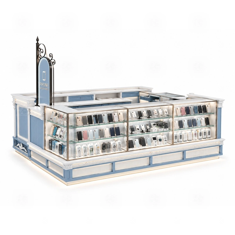 Island Retail Phone Kiosk for Shopping Mall showing a center-court style footprint with customer browsing on multiple sides and a controlled staff work zone shown in the island retail phone kiosk for shopping mall product photos, with front-facing customer movement with staff work kept behind the display line