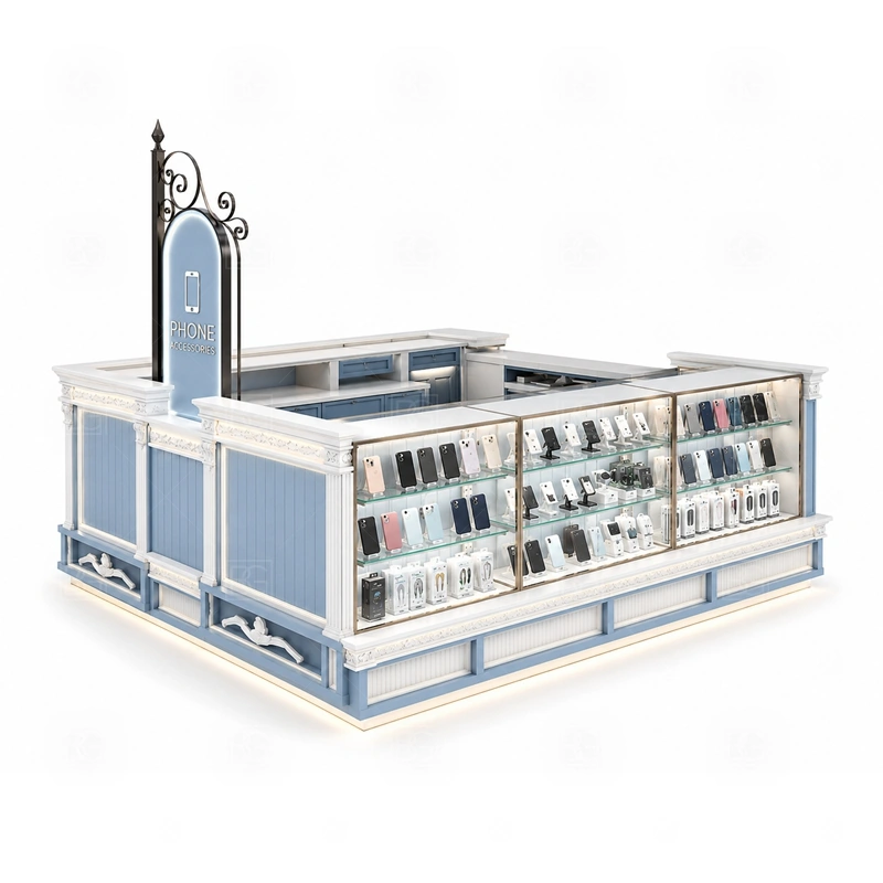 Island Retail Phone Kiosk for Shopping Mall display detail for glass counters, wall-style display panels, and corner product zones distributed across the island faces shown in the island retail phone kiosk for shopping mall product photos; the product photos also emphasize phone accessory displays, glass counters, and small product shelving