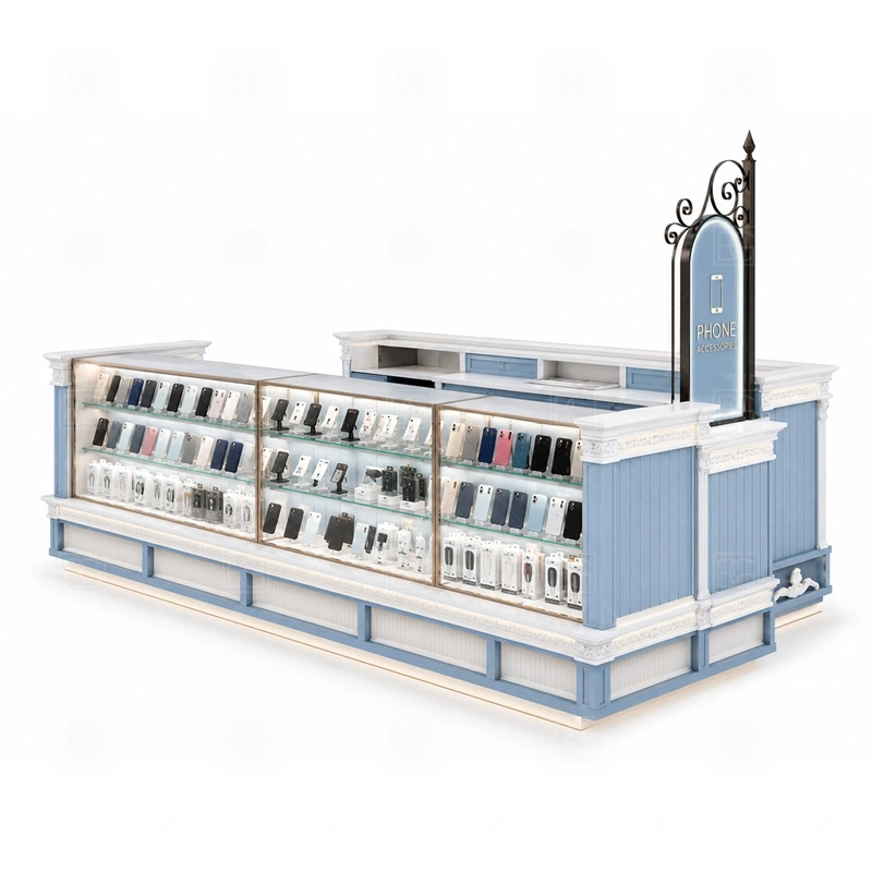 Island Retail Phone Kiosk for Shopping Mall service area for multiple shopper conversations, checkout, pickup, and restocking without closing one side of the kiosk shown in the island retail phone kiosk for shopping mall product photos; the kiosk can follow sales counter, POS area, packing surface, and staff-side storage