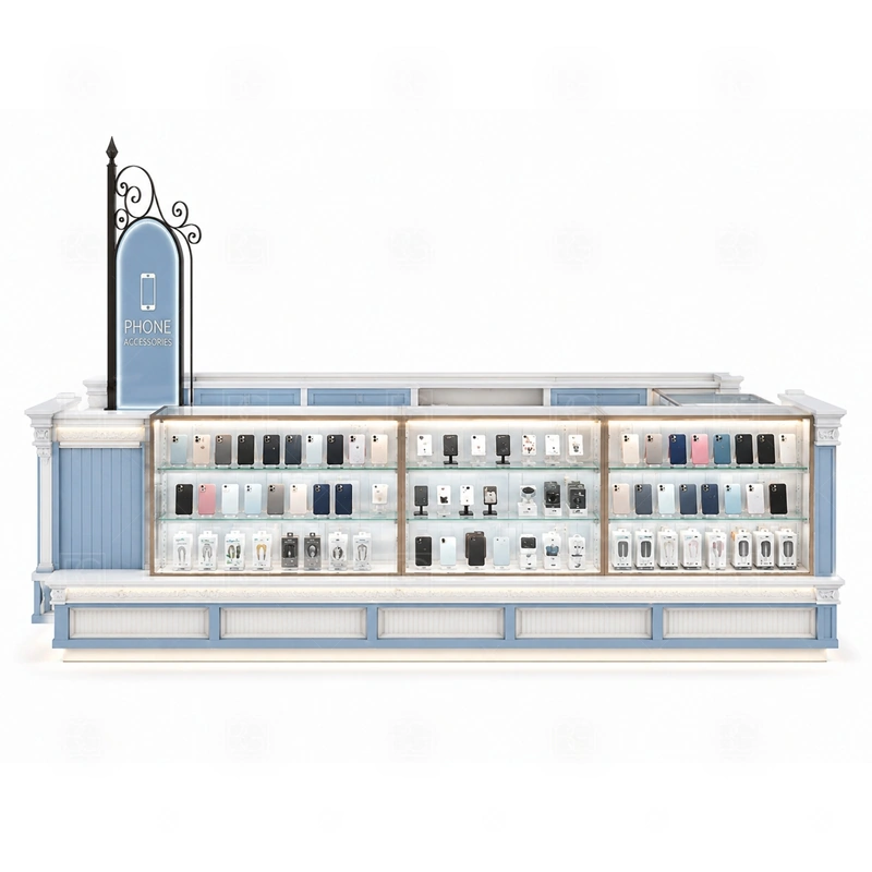Island Retail Phone Kiosk for Shopping Mall signage detail with logo tower, fascia signs, or overhead-facing panels readable from several mall approaches shown in the island retail phone kiosk for shopping mall product photos; this page also uses tall logo tower and LED brand lighting