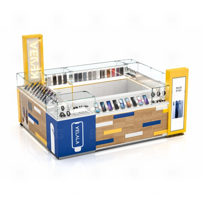 Island Shopping Mall Phone Kiosk with LED Signage with an island phone kiosk with multi-side customer access, central staff operation, and display counters on several faces shown in the island shopping mall phone kiosk with led signage product photos for phone retail and mall accessory sales