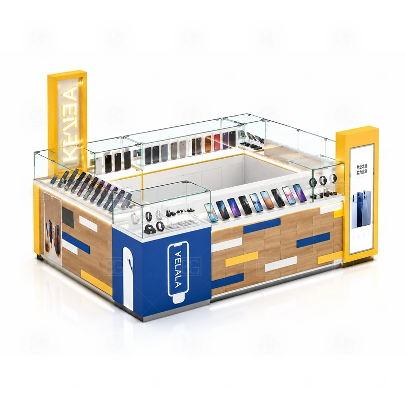 Island Shopping Mall Phone Kiosk with LED Signage display detail for glass counters, wall-style display panels, and corner product zones distributed across the island faces shown in the island shopping mall phone kiosk with led signage product photos; the product photos also emphasize phone accessory displays, glass counters, and small product shelving
