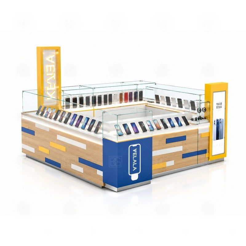 Island Shopping Mall Phone Kiosk with LED Signage service area for multiple shopper conversations, checkout, pickup, and restocking without closing one side of the kiosk shown in the island shopping mall phone kiosk with led signage product photos; the kiosk can follow sales counter, POS area, packing surface, and staff-side storage