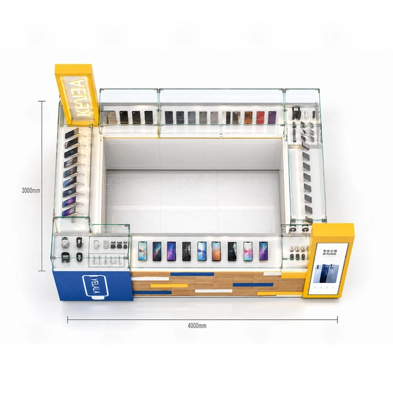 Island Shopping Mall Phone Kiosk with LED Signage storage detail for central and lower-cabinet storage planned to support multi-side selling without clutter shown in the island shopping mall phone kiosk with led signage product photos, with separate zones for browsing, payment, stock refill, and product consultation