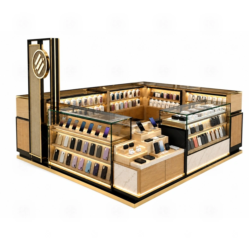 LED Lighted Cell Phone Kiosk Manufacturer display detail for LED-highlighted showcases, backlit shelves, front counters, and featured accessory areas shown in the led lighted cell phone kiosk manufacturer product photos; the product photos also emphasize tempered glass showcases and visible accessory display zones