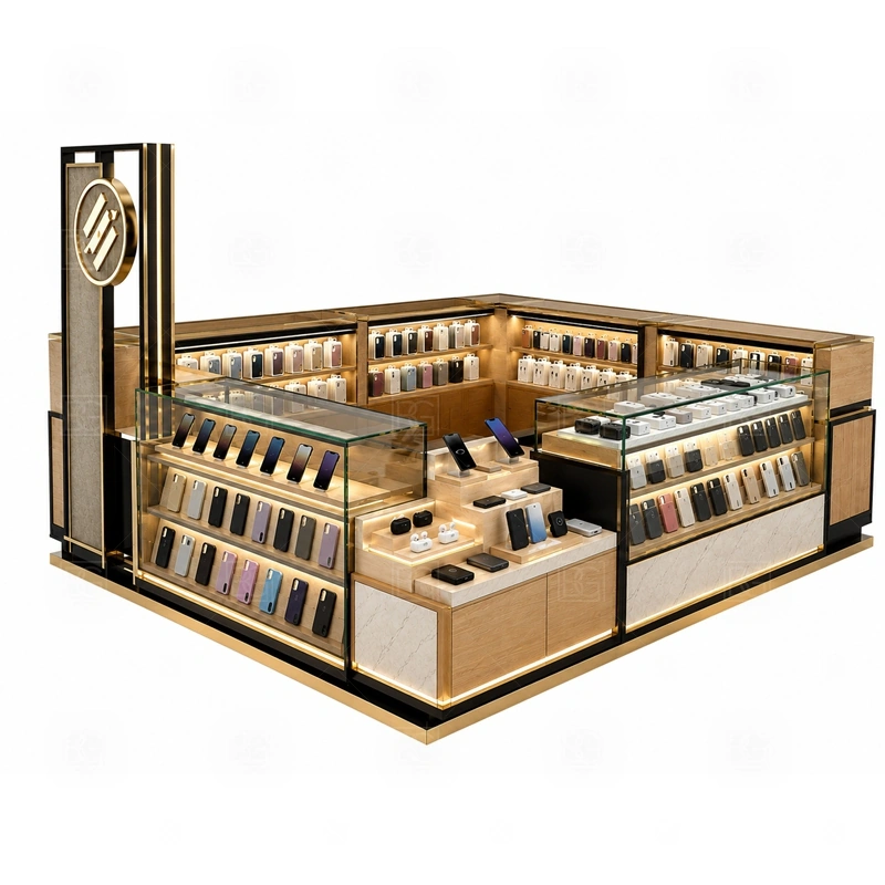 LED Lighted Cell Phone Kiosk Manufacturer service area for sales, consultation, payment, and product testing supported by planned light and power routes shown in the led lighted cell phone kiosk manufacturer product photos; the kiosk can follow sales counter, POS area, packing surface, and staff-side storage