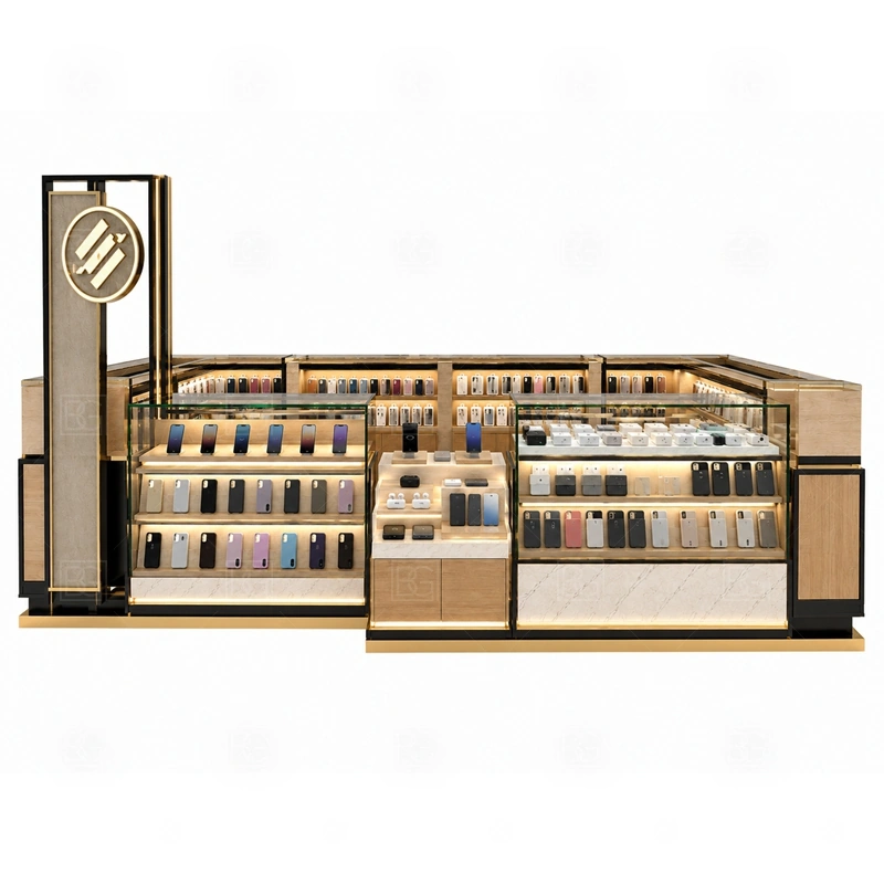 LED Lighted Cell Phone Kiosk Manufacturer signage detail with illuminated logo panels, LED fascia, front graphics, and color-controlled accent lighting shown in the led lighted cell phone kiosk manufacturer product photos; this page also uses LED signage, illuminated logo panels, and front brand graphics
