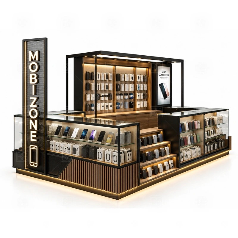 LED Lighted Mobile Accessories Kiosk for Shopping Mall with an LED-lighted phone kiosk with illuminated signs, brighter product zones, and stronger night-time mall visibility shown in the led lighted mobile accessories kiosk for shopping mall product photos for mobile accessory retail and small electronics display