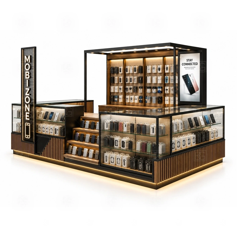 LED Lighted Mobile Accessories Kiosk for Shopping Mall showing a display-forward plan that keeps lit signage and product lighting visible from the main walking direction shown in the led lighted mobile accessories kiosk for shopping mall product photos, with separate zones for browsing, payment, stock refill, and product consultation