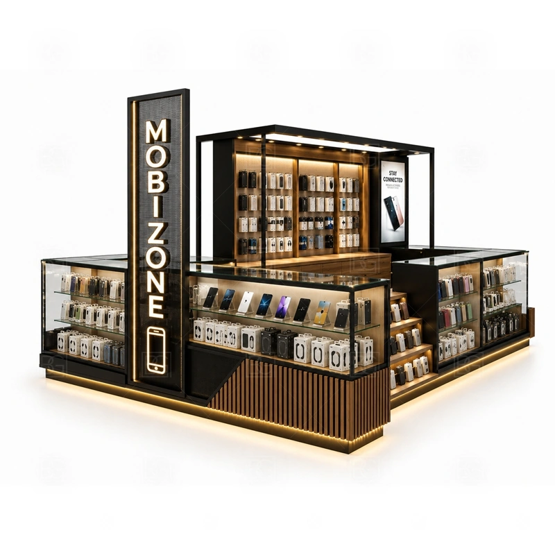 LED Lighted Mobile Accessories Kiosk for Shopping Mall display detail for LED-highlighted showcases, backlit shelves, front counters, and featured accessory areas shown in the led lighted mobile accessories kiosk for shopping mall product photos; the product photos also emphasize tempered glass showcases and visible accessory display zones
