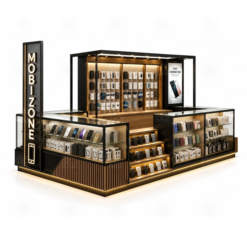 LED Lighted Mobile Accessories Kiosk for Shopping Mall service area for sales, consultation, payment, and product testing supported by planned light and power routes shown in the led lighted mobile accessories kiosk for shopping mall product photos; the kiosk can follow sales counter, POS area, packing surface, and staff-side storage
