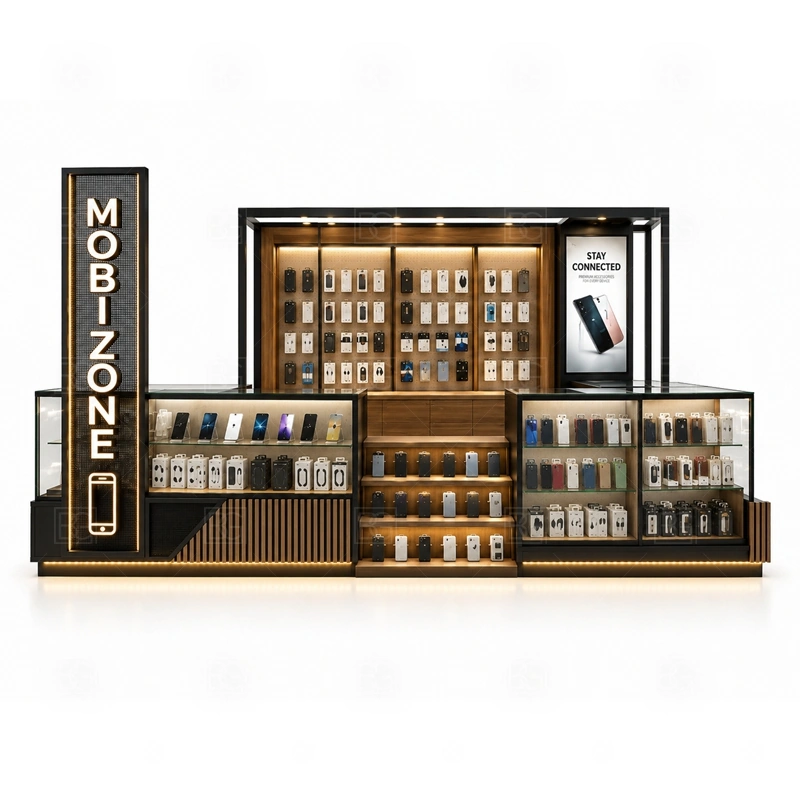 LED Lighted Mobile Accessories Kiosk for Shopping Mall signage detail with illuminated logo panels, LED fascia, front graphics, and color-controlled accent lighting shown in the led lighted mobile accessories kiosk for shopping mall product photos; this page also uses LED signage, illuminated logo panels, and front brand graphics