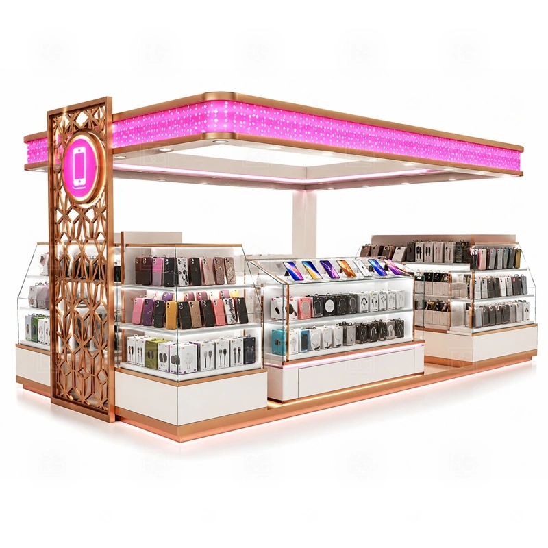 LED Lighted Phone Accessories Kiosk Design with an LED-lighted phone kiosk with illuminated signs, brighter product zones, and stronger night-time mall visibility shown in the led lighted phone accessories kiosk design product photos for mobile accessory retail and small electronics display