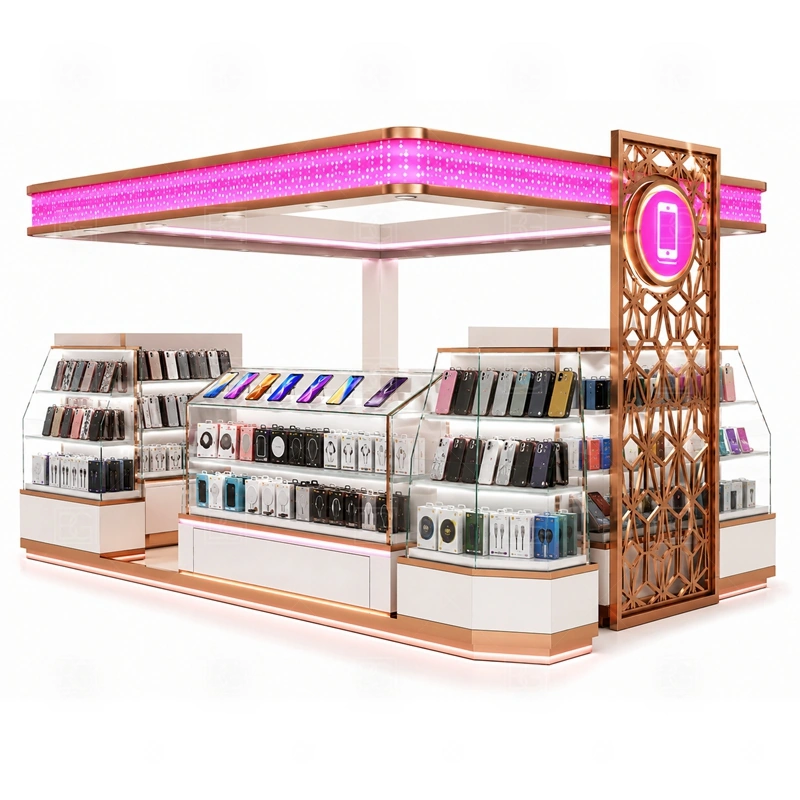 LED Lighted Phone Accessories Kiosk Design showing a display-forward plan that keeps lit signage and product lighting visible from the main walking direction shown in the led lighted phone accessories kiosk design product photos, with a layout that can be checked against lease drawings before production begins