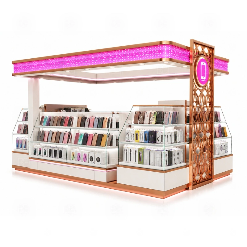 LED Lighted Phone Accessories Kiosk Design display detail for LED-highlighted showcases, backlit shelves, front counters, and featured accessory areas shown in the led lighted phone accessories kiosk design product photos; the product photos also emphasize phone accessory displays, glass counters, and small product shelving